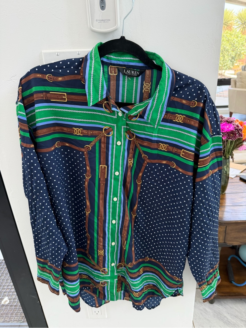 Lauren Ralph Lauren womens Navy Green Striped Button-Down Shirt